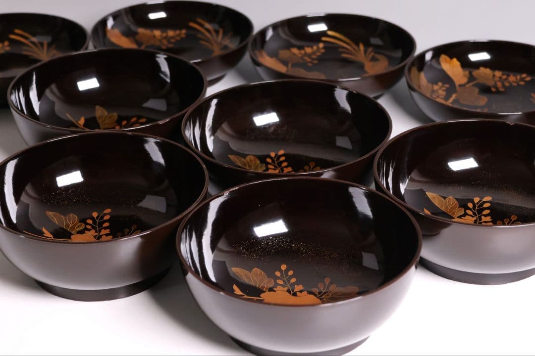 【CM453】輪島塗 天然木漆塗 桐鳳凰金蒔絵 黒塗椀 五客 昭和 漆芸 漆器