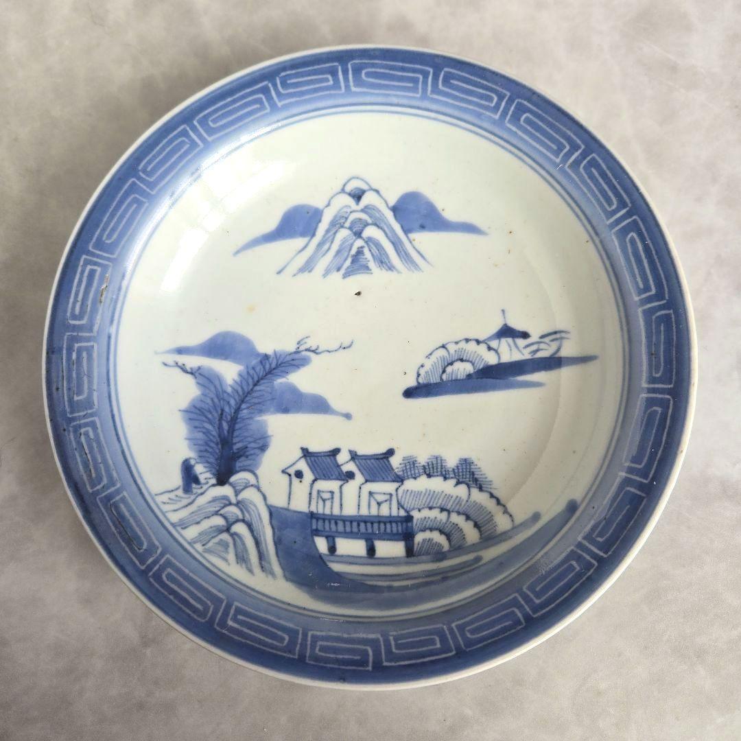 古伊万里　染付　兜皿　六寸皿　江戸　薄瑠璃　骨董　金継ぎ　アンティーク