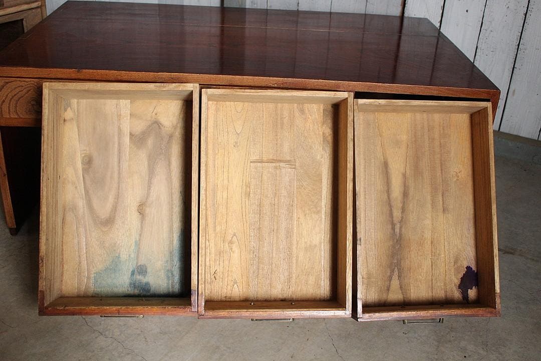 古い木製の片袖机　引き出し5杯　ワークデスク　作業台　引き出し　古家具