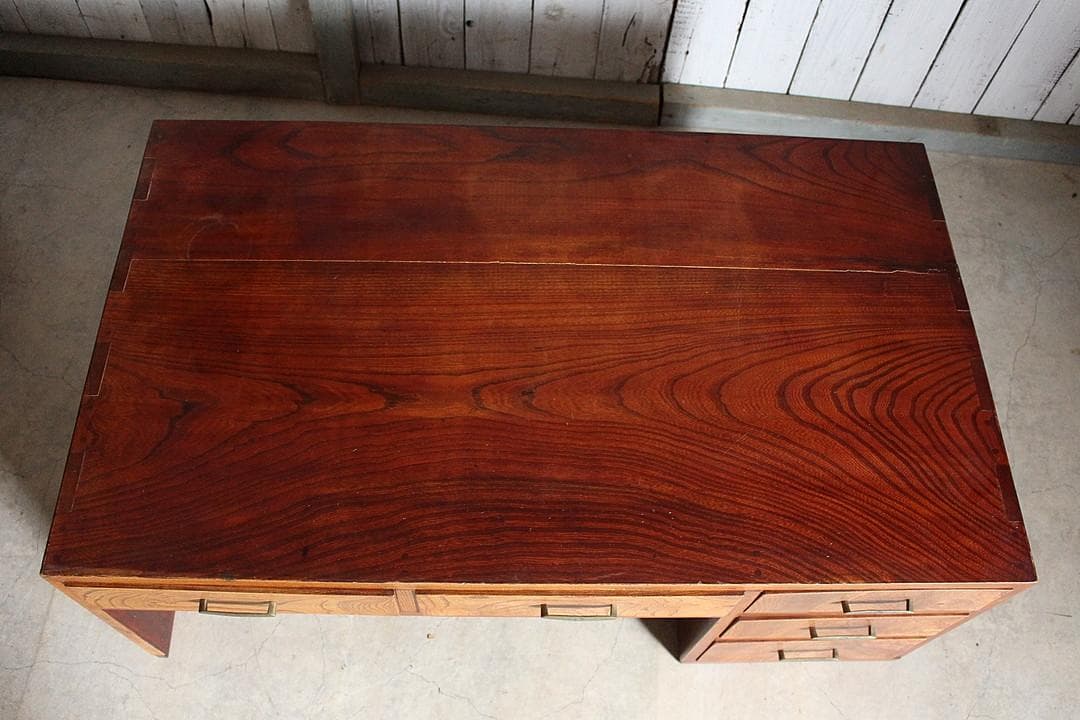 古い木製の片袖机　引き出し5杯　ワークデスク　作業台　引き出し　古家具