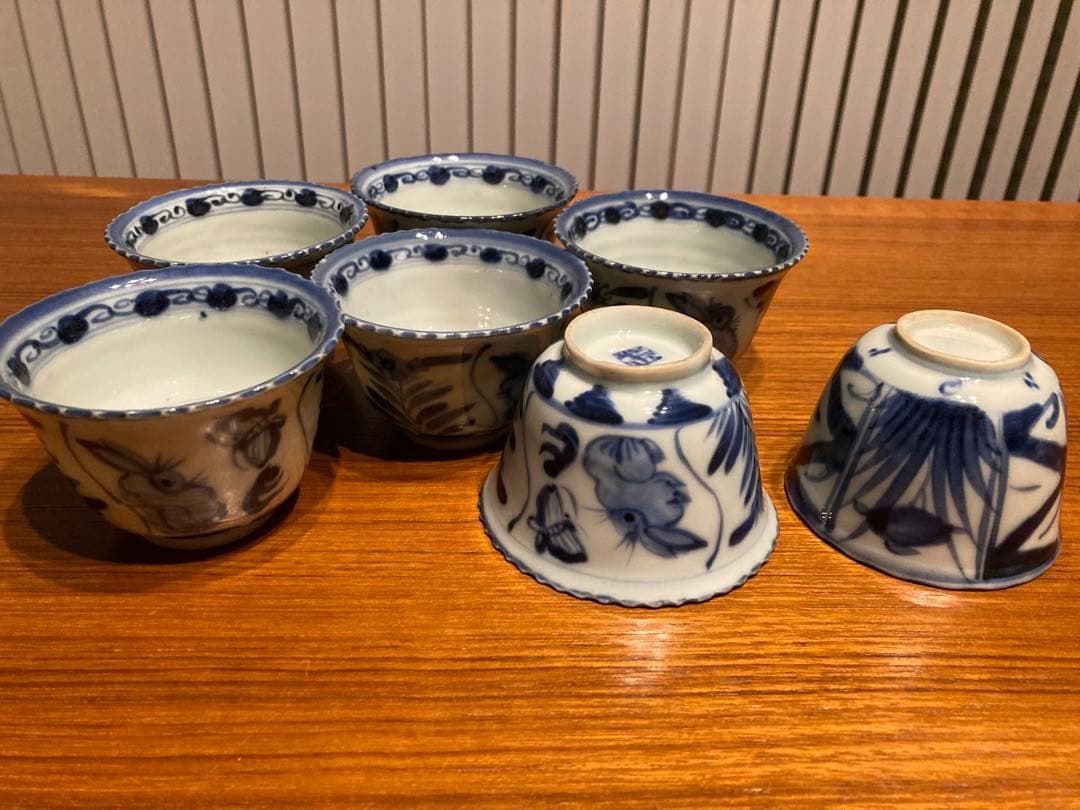 古伊万里 蕎麦猪口 7点 染付 兎 蝶