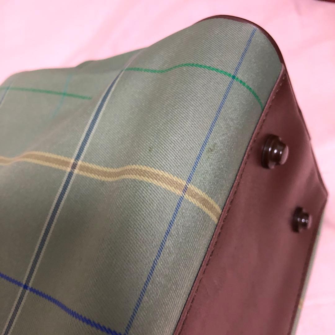 昭和　ボストンバッグ 緑色と茶色のチェック柄