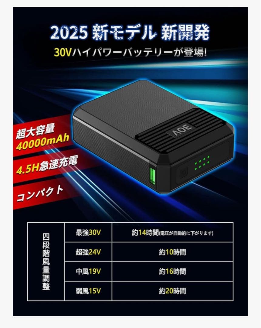 空調作業服 ファンバッテリーセット 30V超高出力 40000mAhバッテリー