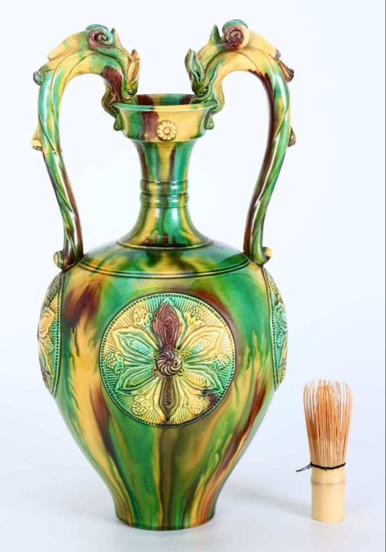 十三代 横石嘉助 長崎三彩 龍耳壺 高さ42cm 大型花瓶 飾壺 古美術 骨董品