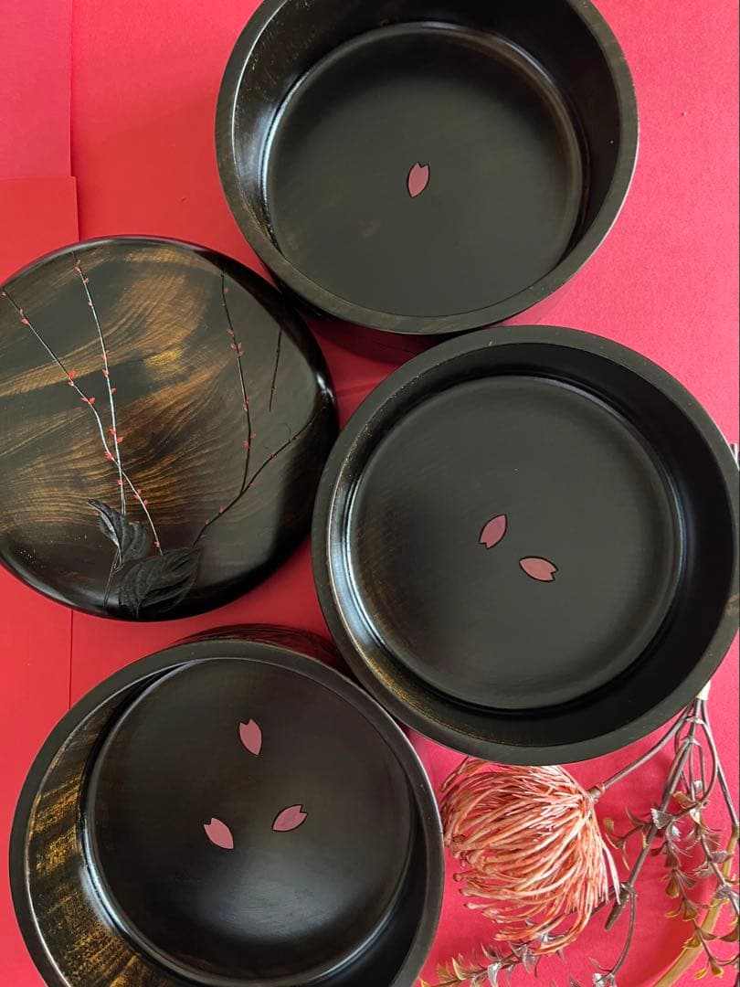 川添日記　重箱　草木彫　漆器