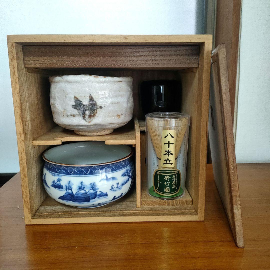 茶道具入れ　お点前セット　色紙箱　茶碗　建水　棗　茶筅　茶杓　懐紙【T-9】