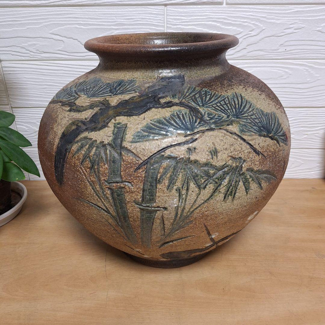 【極大・伝統工芸士】信楽焼 上田春山作 松竹梅 刻絵 大壺 飾瓶 35cm 銘有
