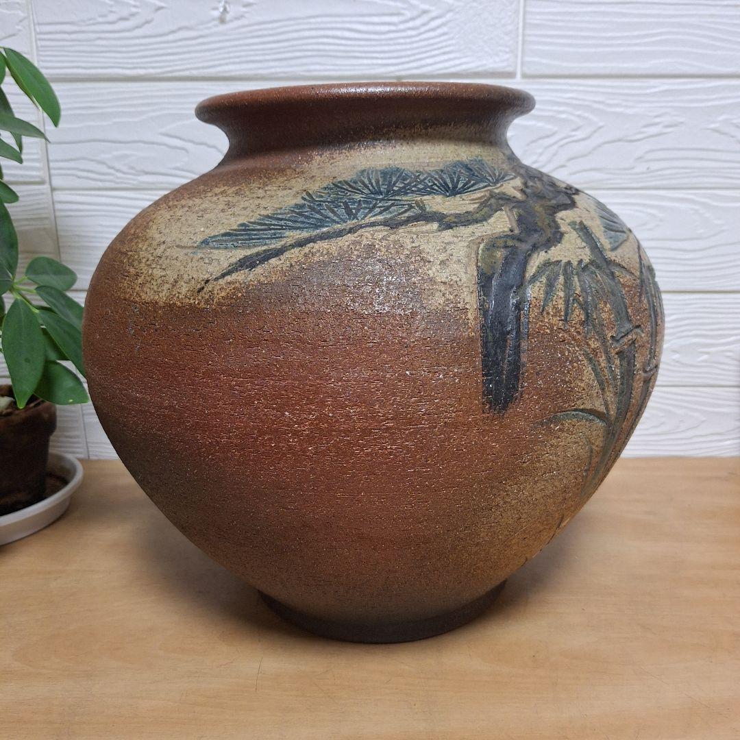 【極大・伝統工芸士】信楽焼 上田春山作 松竹梅 刻絵 大壺 飾瓶 35cm 銘有