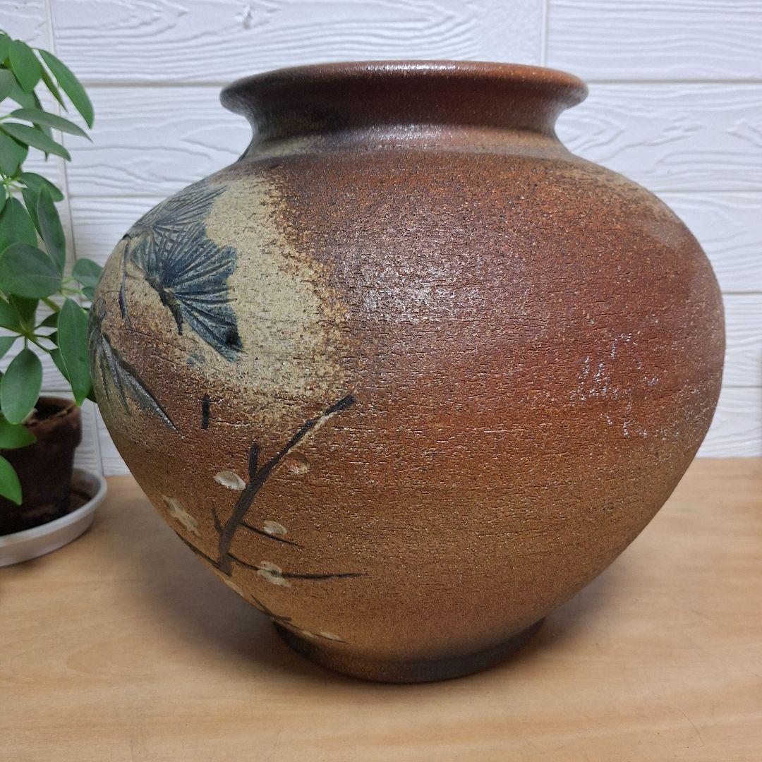 【極大・伝統工芸士】信楽焼 上田春山作 松竹梅 刻絵 大壺 飾瓶 35cm 銘有
