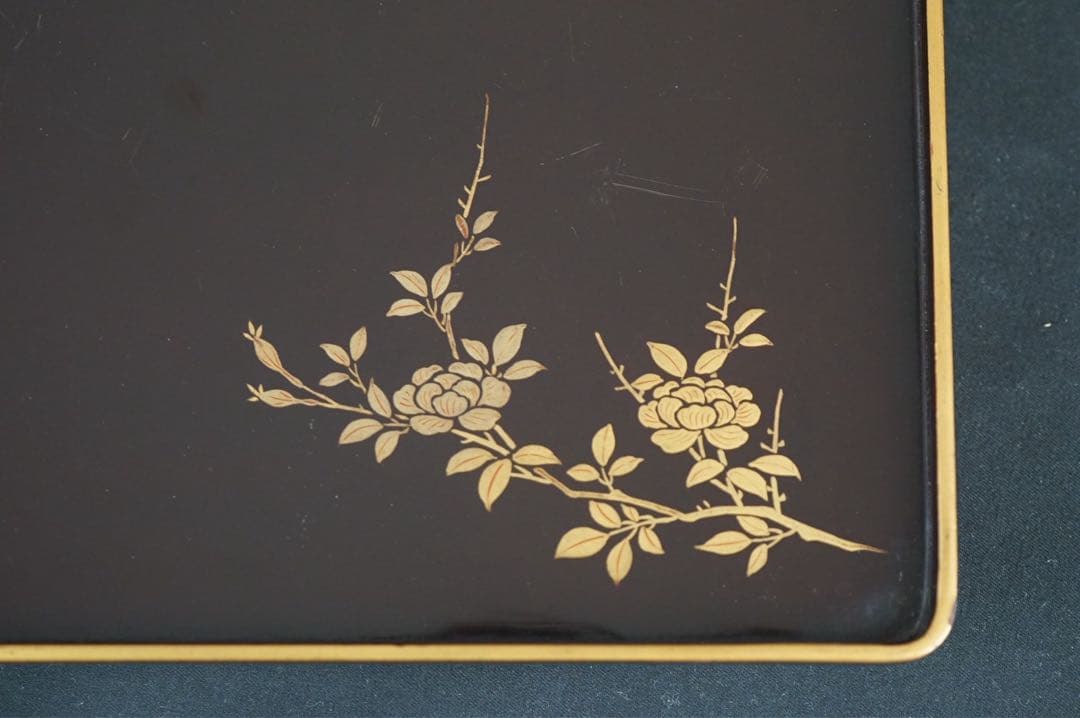 木製漆器 草花 絵変蒔絵 吸物膳 6客 足付 四方膳 時代物 小ぶり