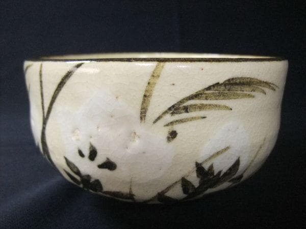 古い染付 茶碗 ススキ 花文 京焼 清水焼 抹茶茶碗 合わせ箱