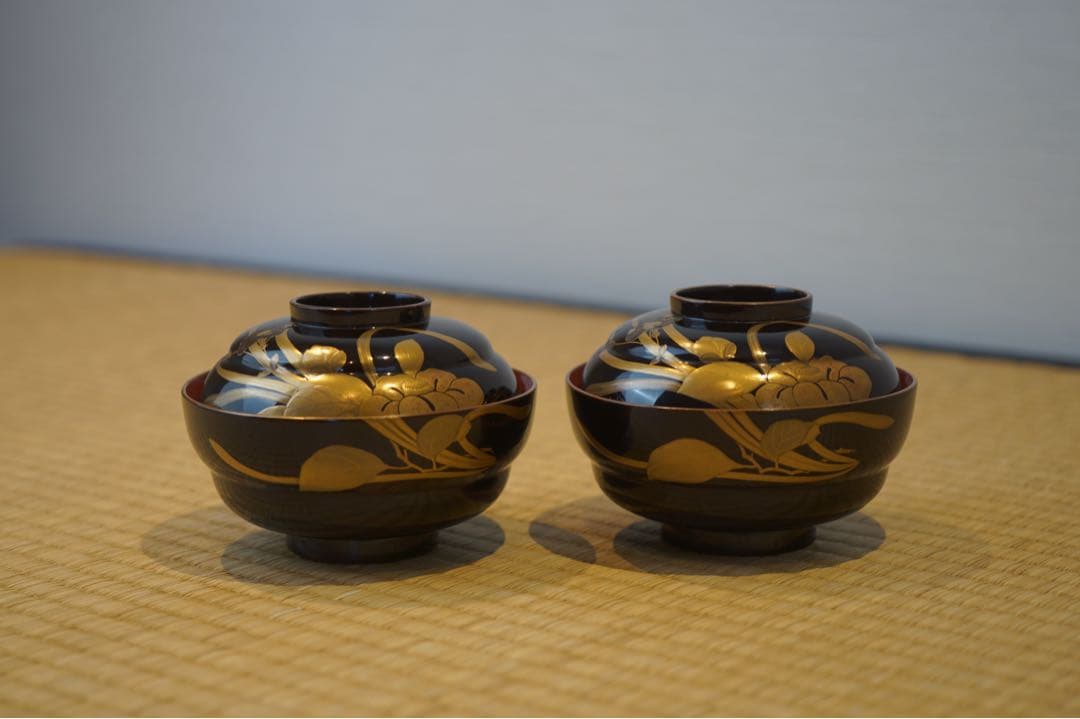 朱内黒漆 杜若図金銀蒔絵 吸物椀 2客/ 輪島塗 木製漆器 茶懐石