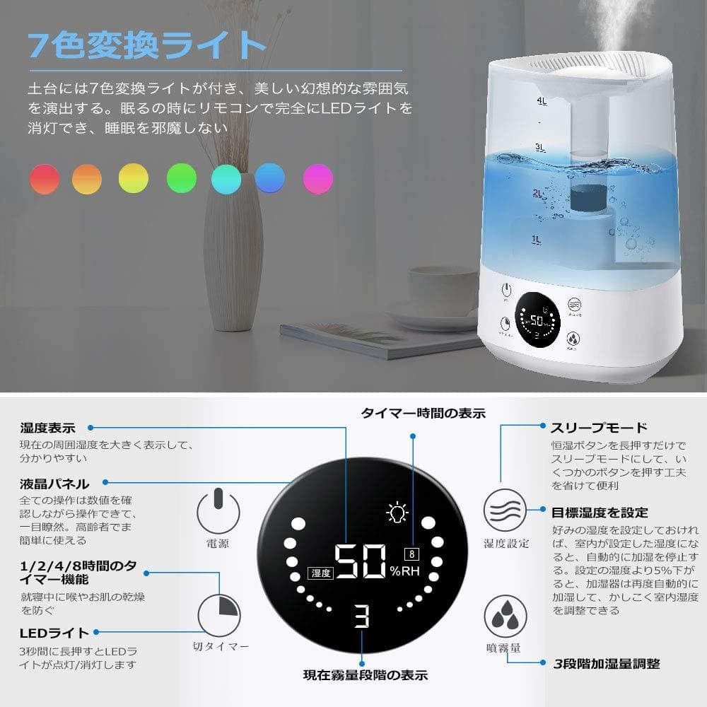 加湿器　リモコン付き　デジタル表示　自動コントロール　過加湿防止