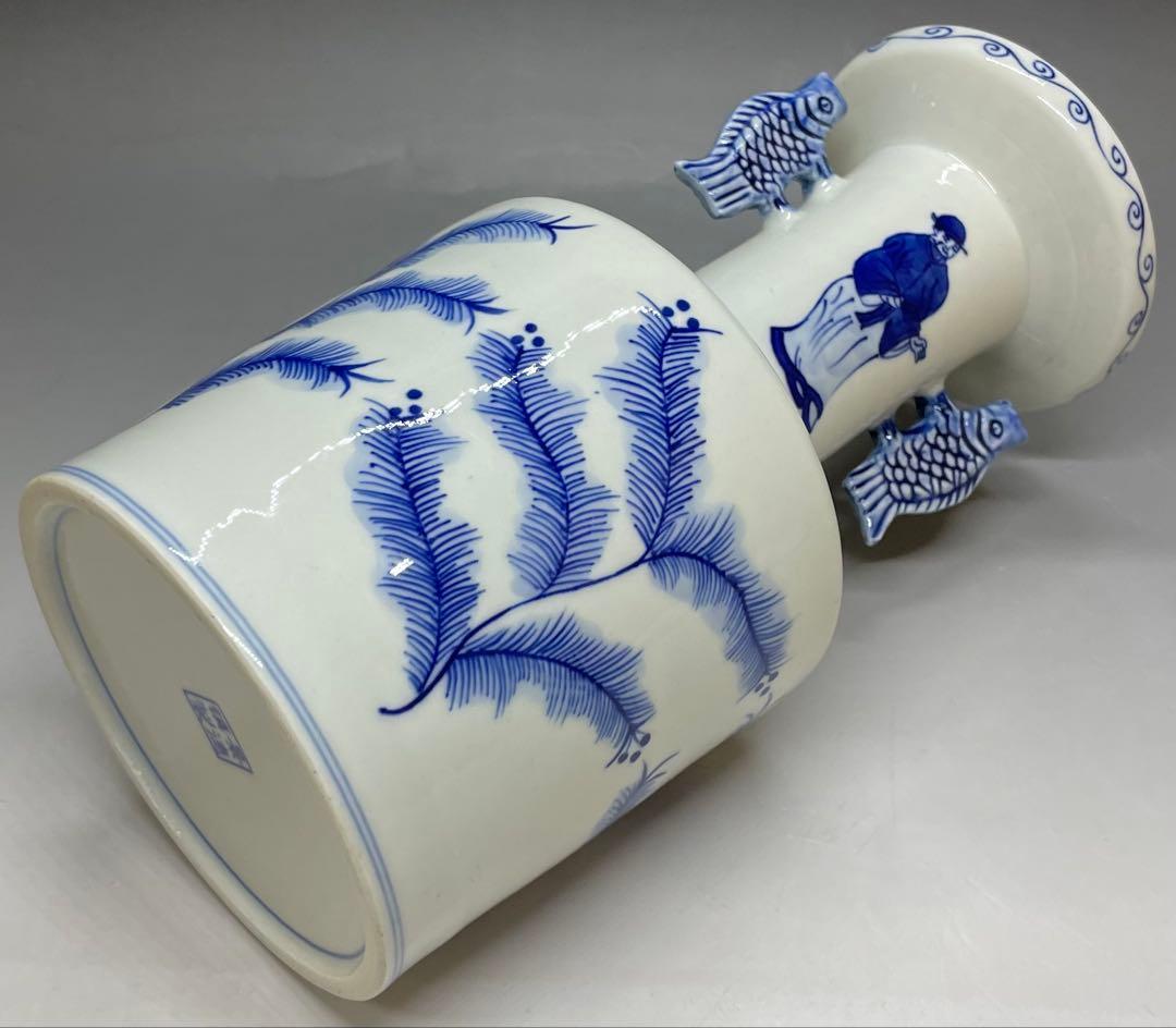 高砂花入　景徳鎮製　鯉耳　染付　双魚耳付高砂花入　四方桟共箱　f6570