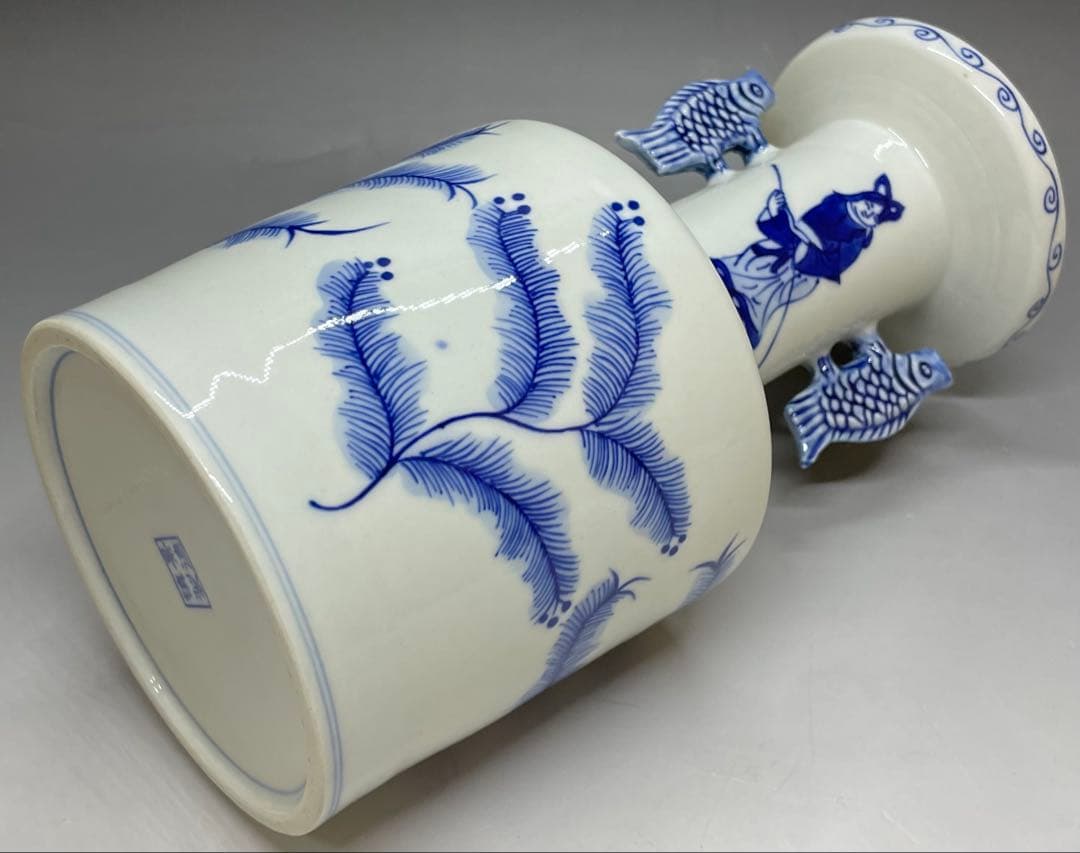 高砂花入　景徳鎮製　鯉耳　染付　双魚耳付高砂花入　四方桟共箱　f6570