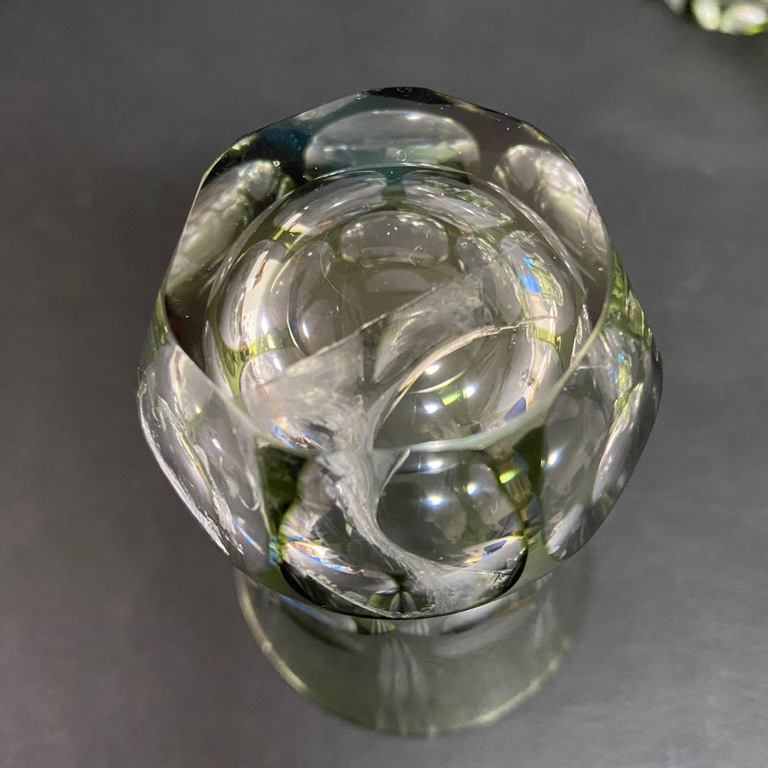 アンティーク雑貨　大正〜昭和初期・緑切子グラス　小皿　セット(カットガラス)