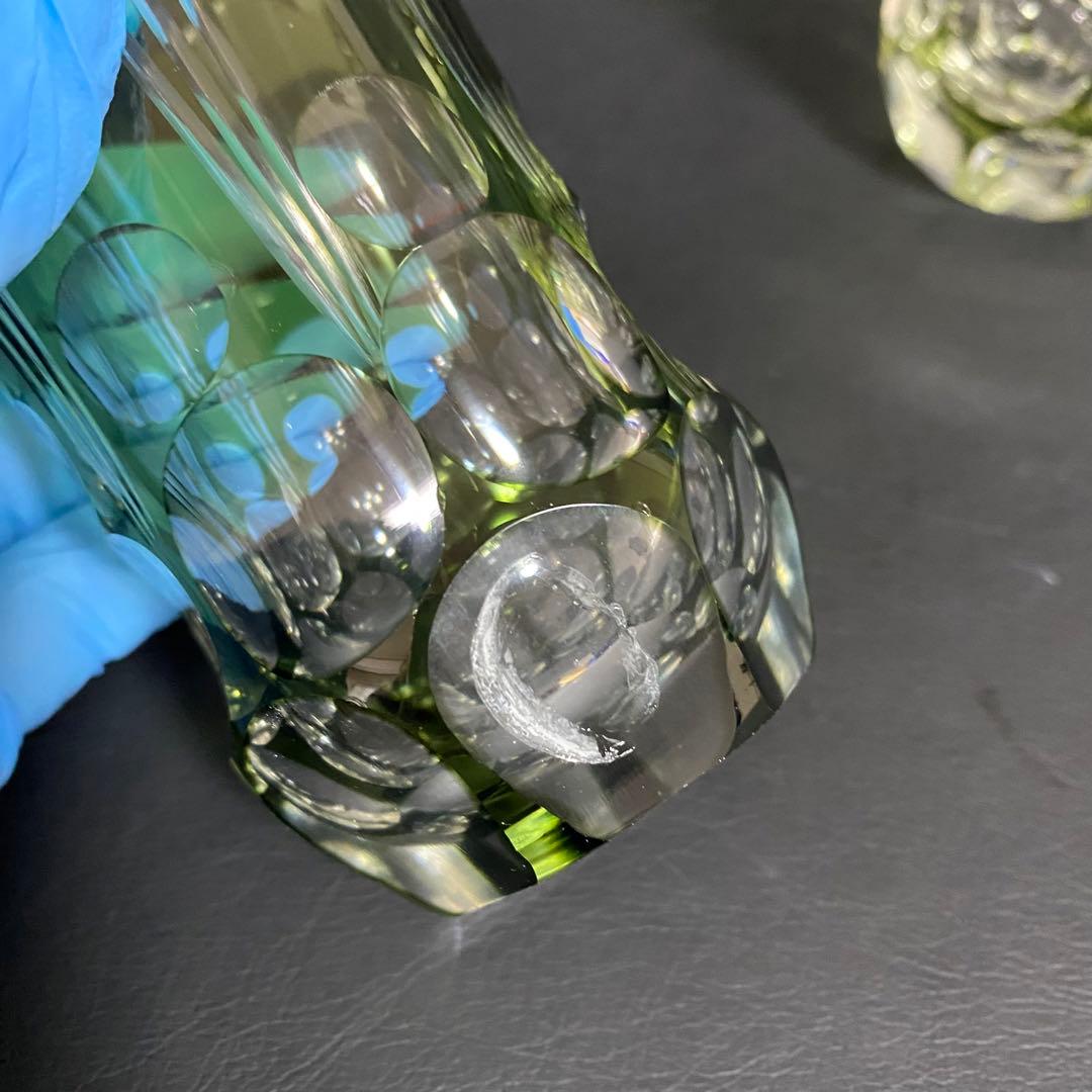 アンティーク雑貨　大正〜昭和初期・緑切子グラス　小皿　セット(カットガラス)