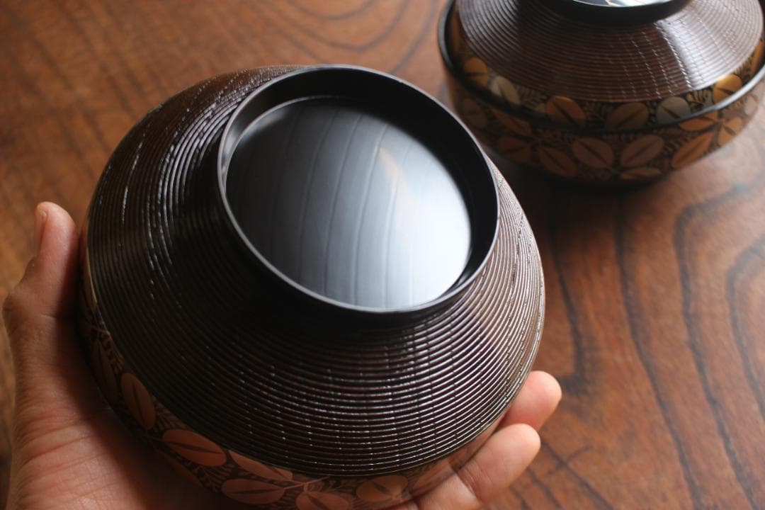 デッドストック！風情ある千筋糸目に極上萩蟋蟀蒔絵の映える煮物椀2点（検懐石椀