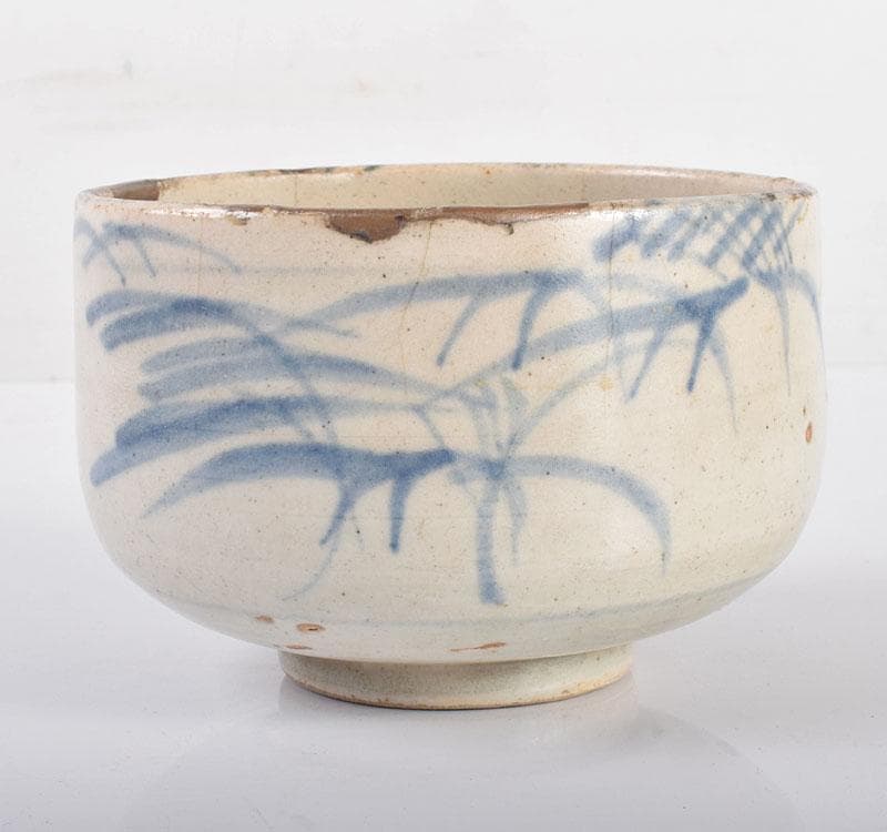 茶道具　灰色釉　草文　呉須瀬戸茶碗　仕覆・時代箱付　C　R4223