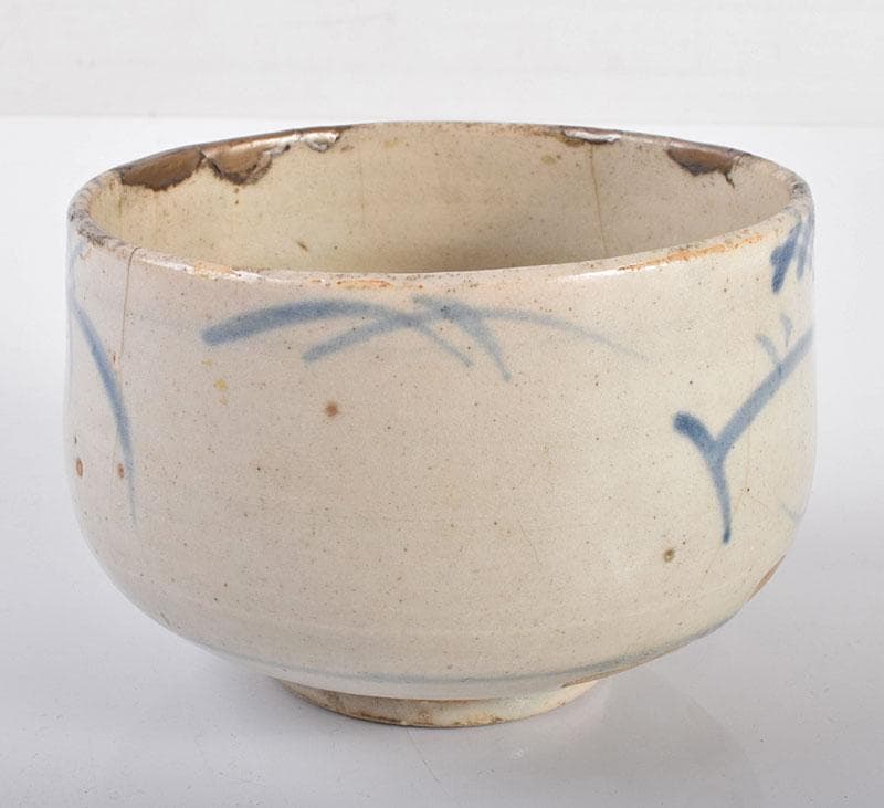 茶道具　灰色釉　草文　呉須瀬戸茶碗　仕覆・時代箱付　C　R4223