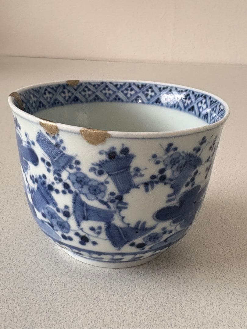 古伊万里 藍柿右衛門 染付 渦福 俵梅紋 金継ぎ 茶碗 茶器 茶道具 陶器