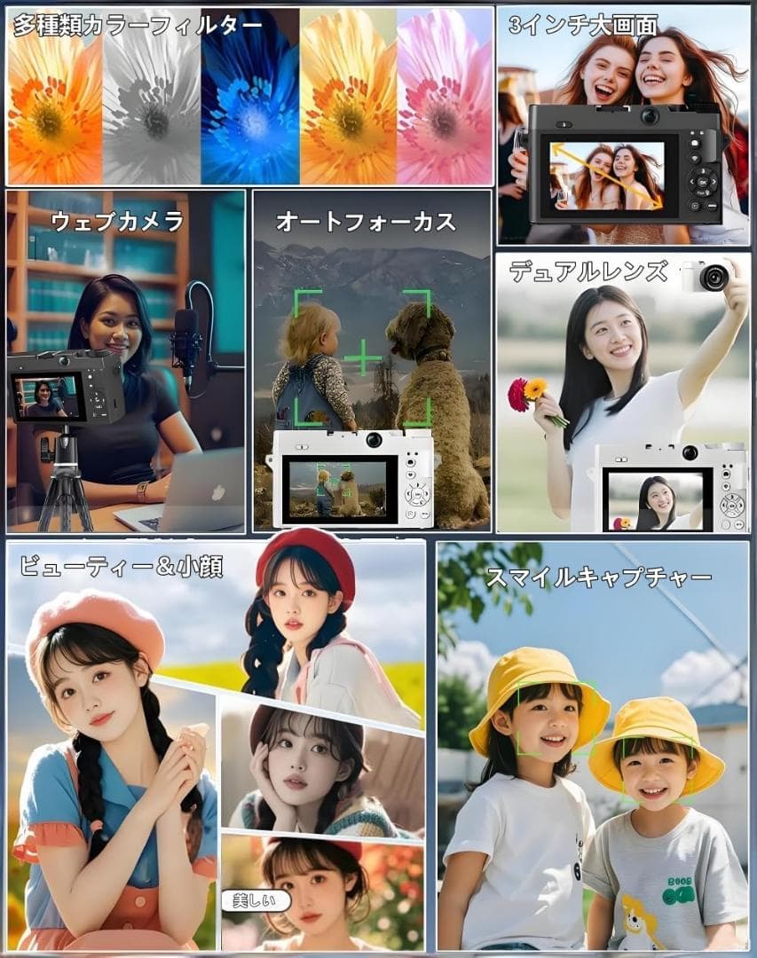 5K高画質 デジタルカメラ WiFi転送 自撮りOK SD付 ブラック デジカメ