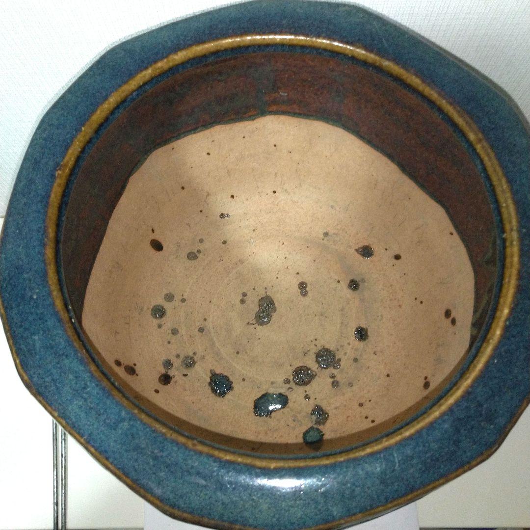 幾何学模様 青 茶 火鉢 金魚鉢 火箸