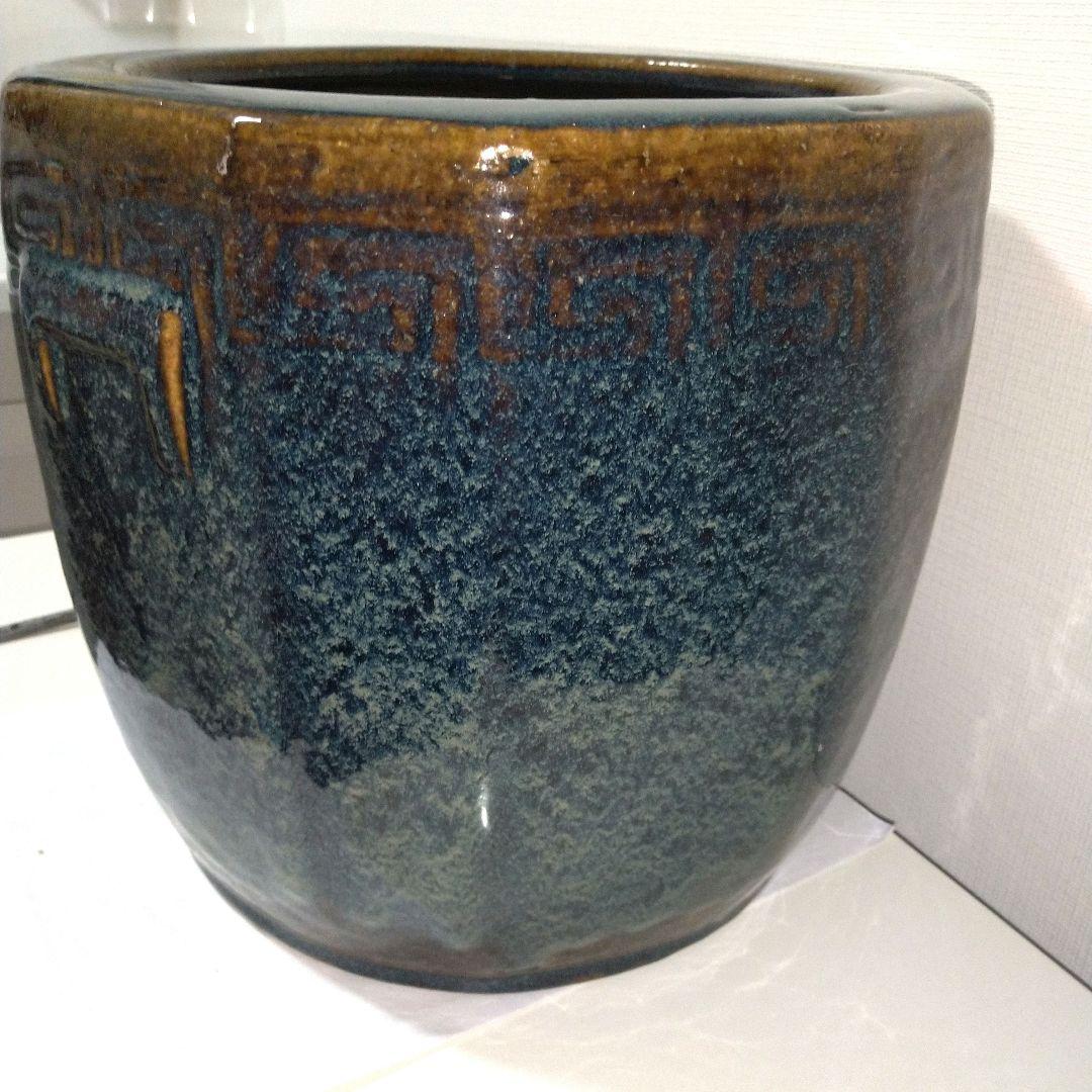 幾何学模様 青 茶 火鉢 金魚鉢 火箸