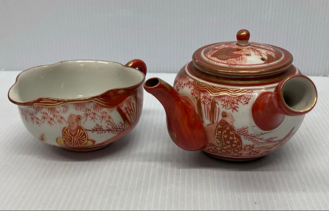 【訳あり】九谷焼 九谷冨永 赤絵金彩 茶器セット 煎茶道具 輪花型湯冷まし