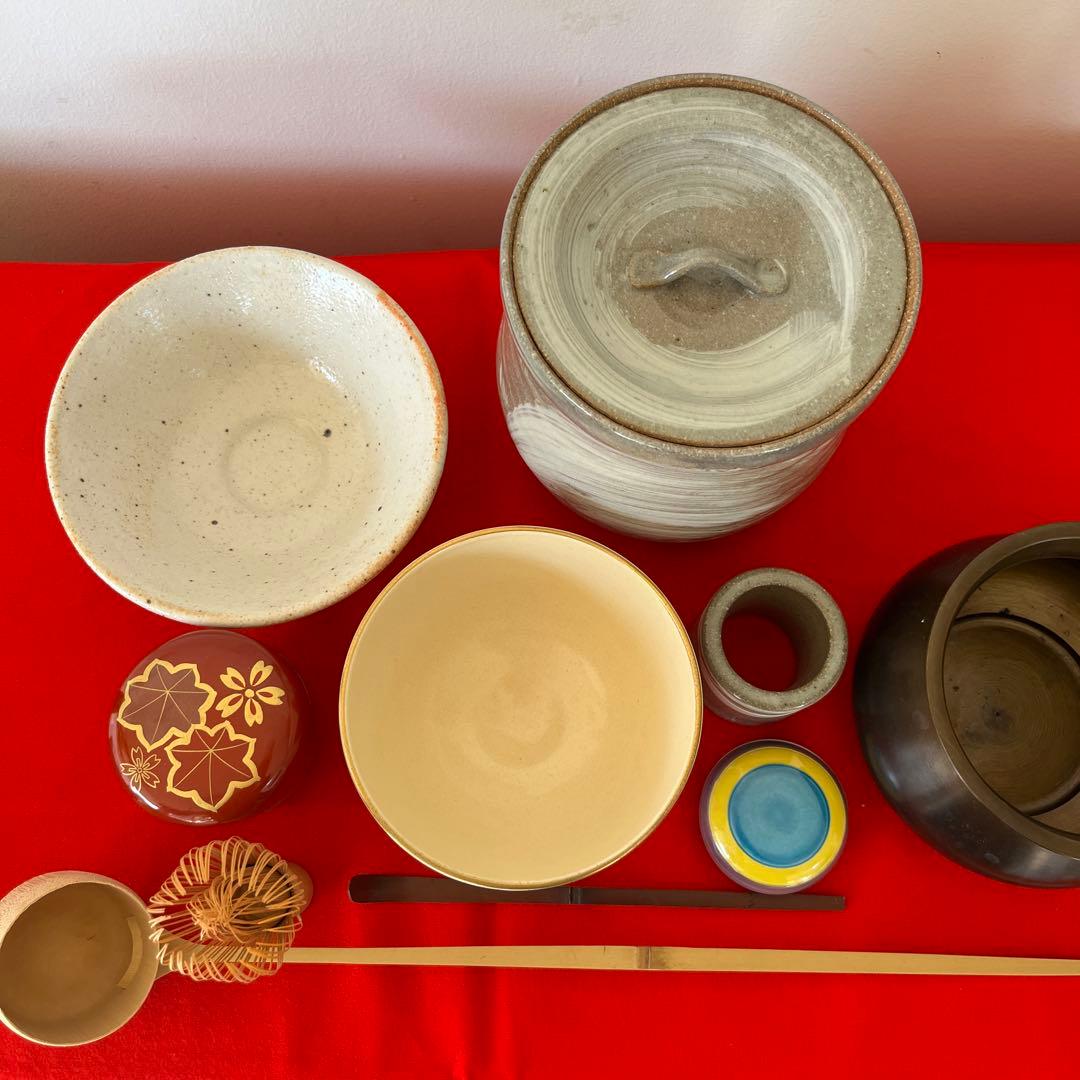茶道具セット 木箱入り 棗 抹茶椀 水指 建水 茶杓 茶筅 短冊箱　お花見