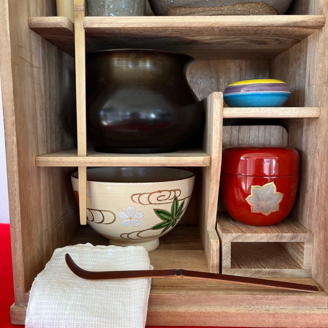 茶道具セット 木箱入り 棗 抹茶椀 水指 建水 茶杓 茶筅 短冊箱　お花見