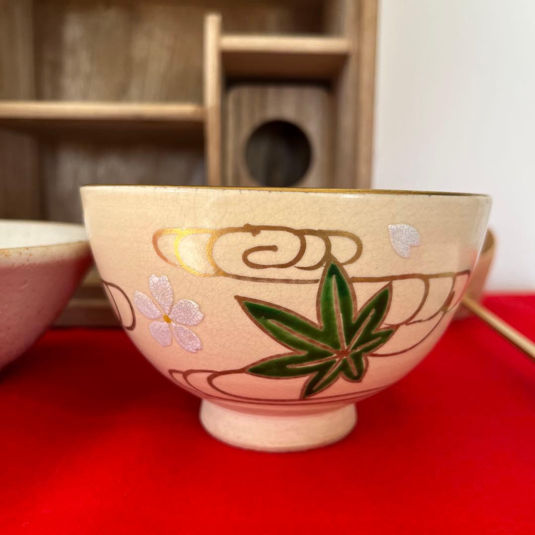茶道具セット 木箱入り 棗 抹茶椀 水指 建水 茶杓 茶筅 短冊箱　お花見