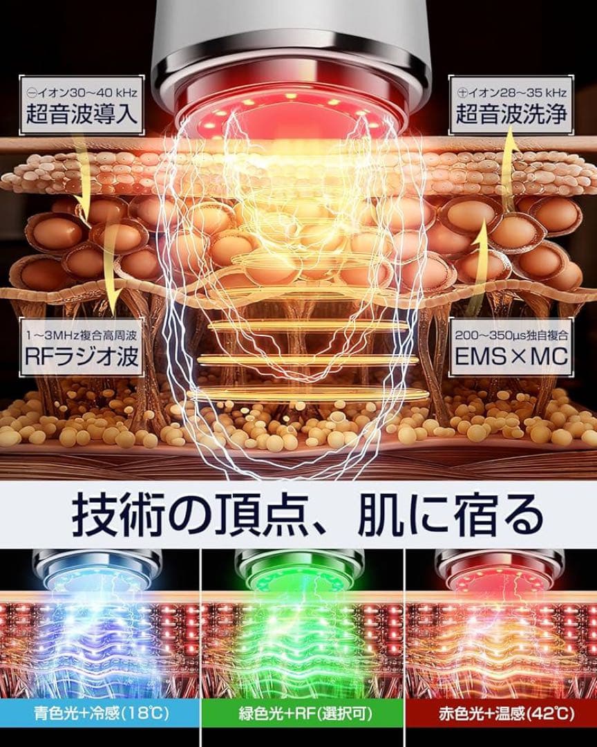 美顔器 高周波 EMS RF MC LED 1台18役 温冷 リフトアップ 美顔