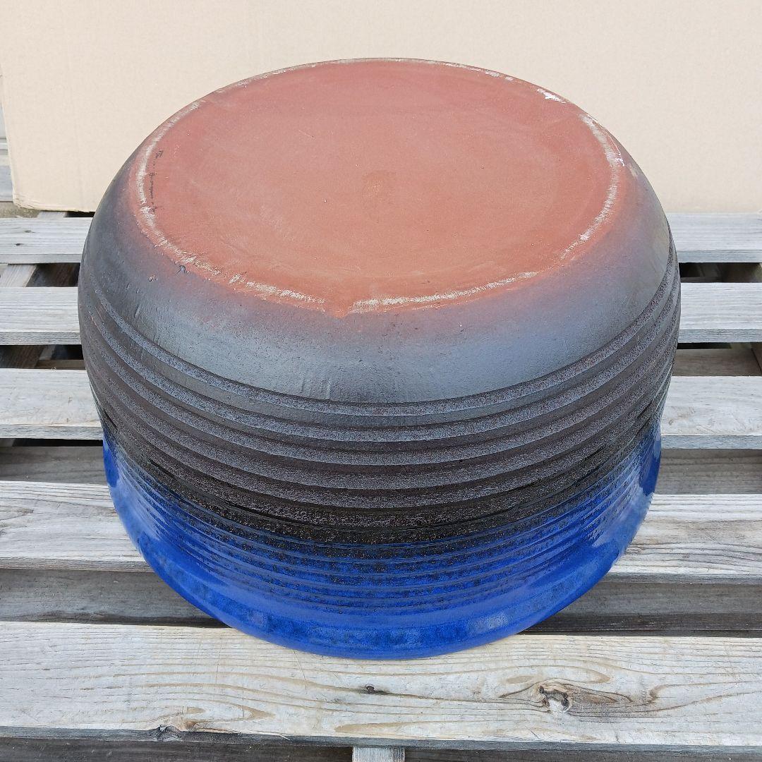 新品　∅51　特大　陶器　睡蓮鉢　手造り　メダカ鉢　難有　ラピスブルー　青LDB