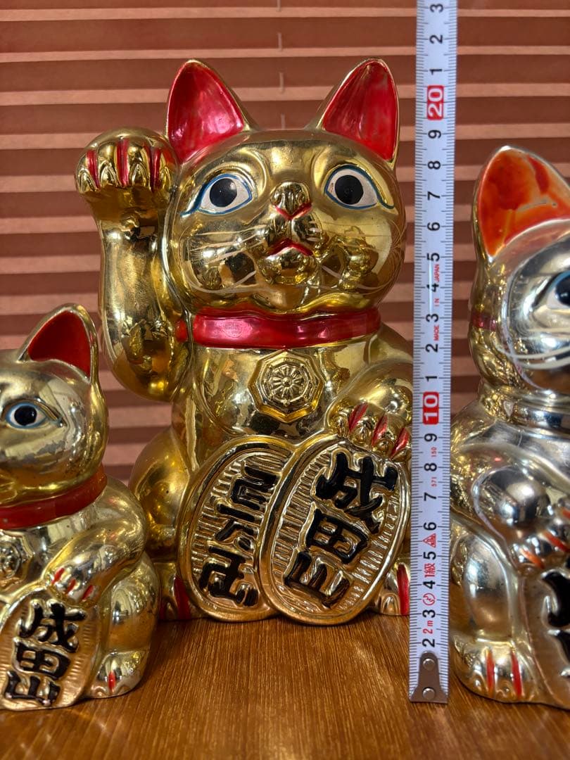 招き猫　貯金箱　成田山　小判持ち猫　金　大中小　3点　レトロ　古い　縁起物