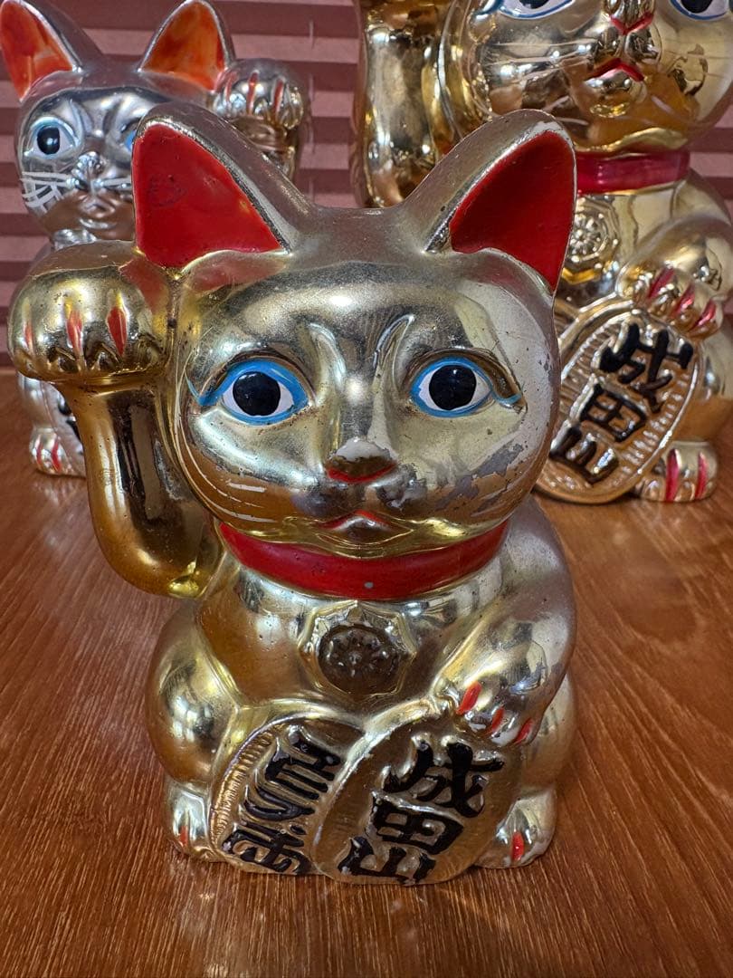 招き猫　貯金箱　成田山　小判持ち猫　金　大中小　3点　レトロ　古い　縁起物