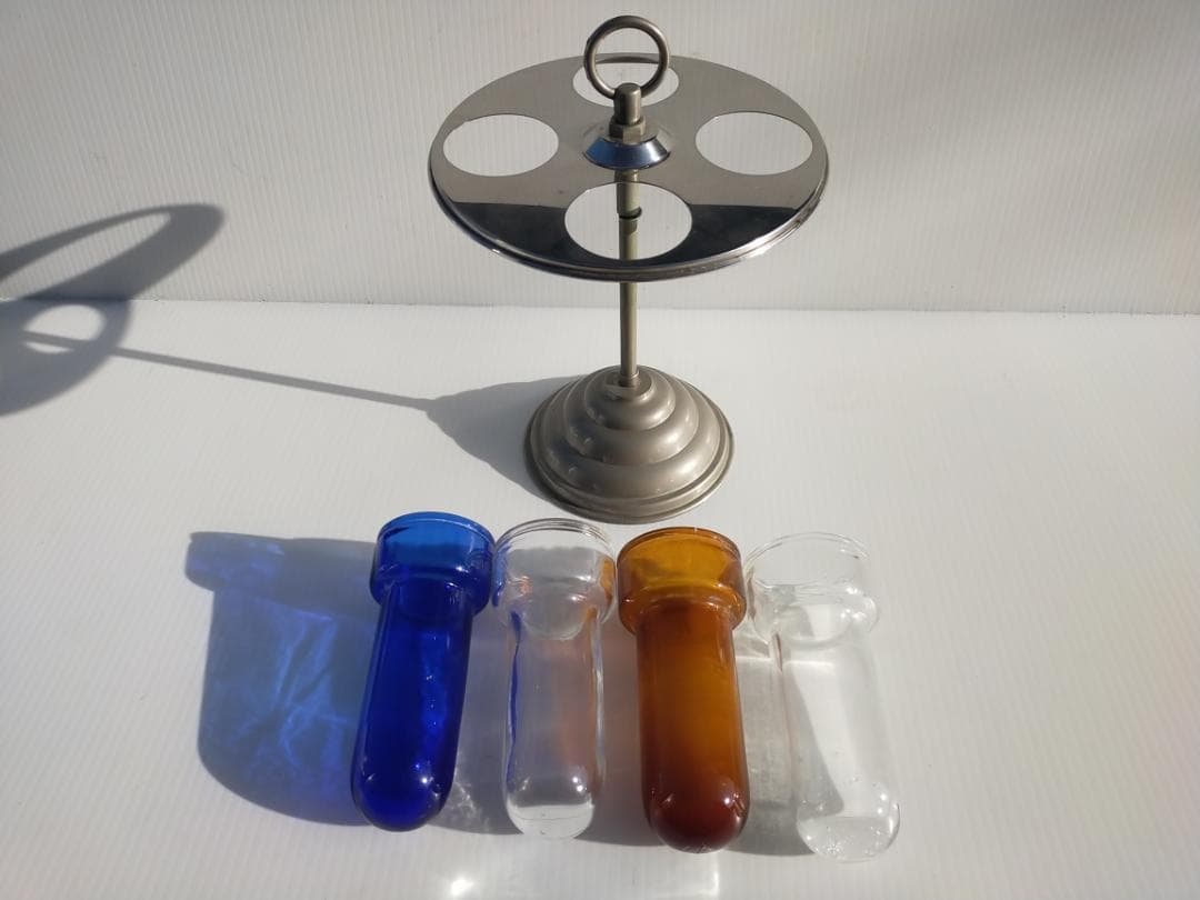 昭和レトロ☆当時物☆医療器具☆シカン瓶・シカン瓶立て☆消毒スタンド　色ガラス