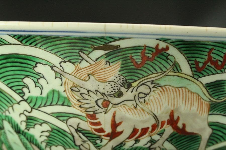 中国美術 五彩 波馬紋 大碗 φ37.8cm(BB511)