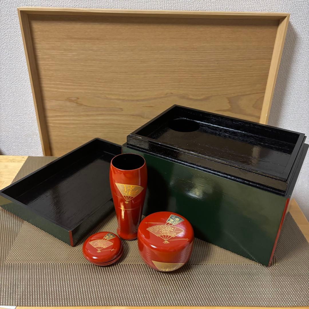 茶道具セット 緑と赤の木製