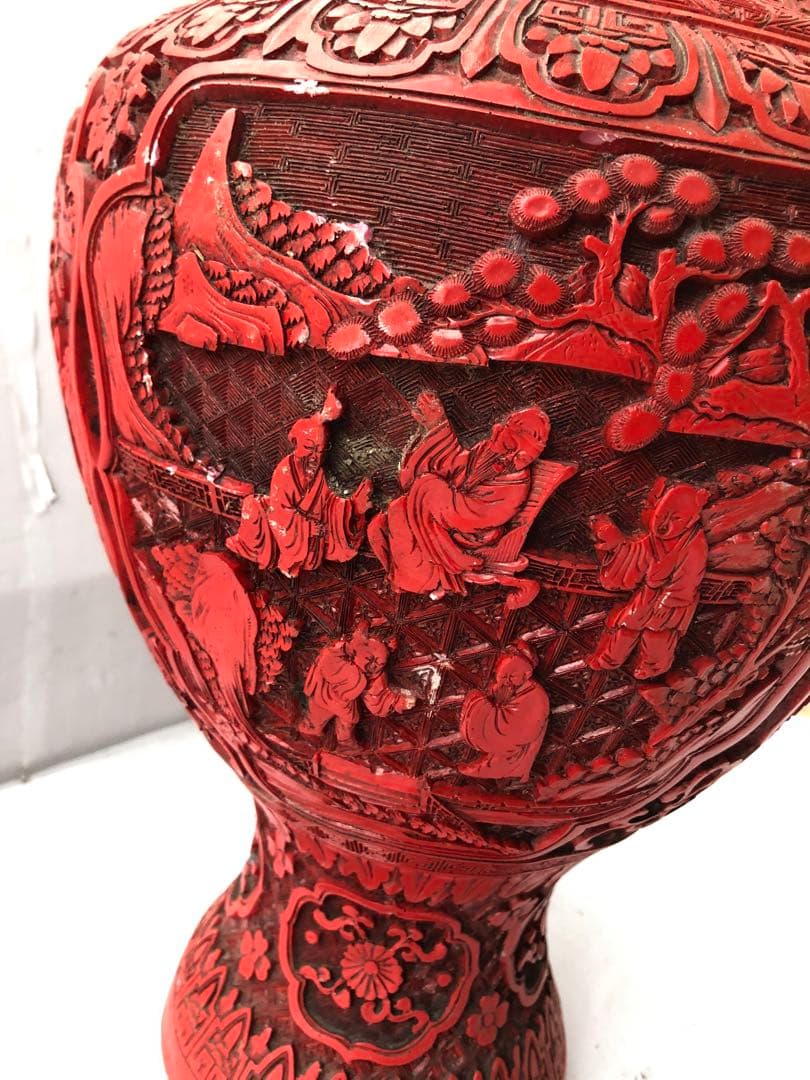 中国美術 人物彫文堆朱花瓶 高48cm 銅製 細密細工 花文 骨董(I95)