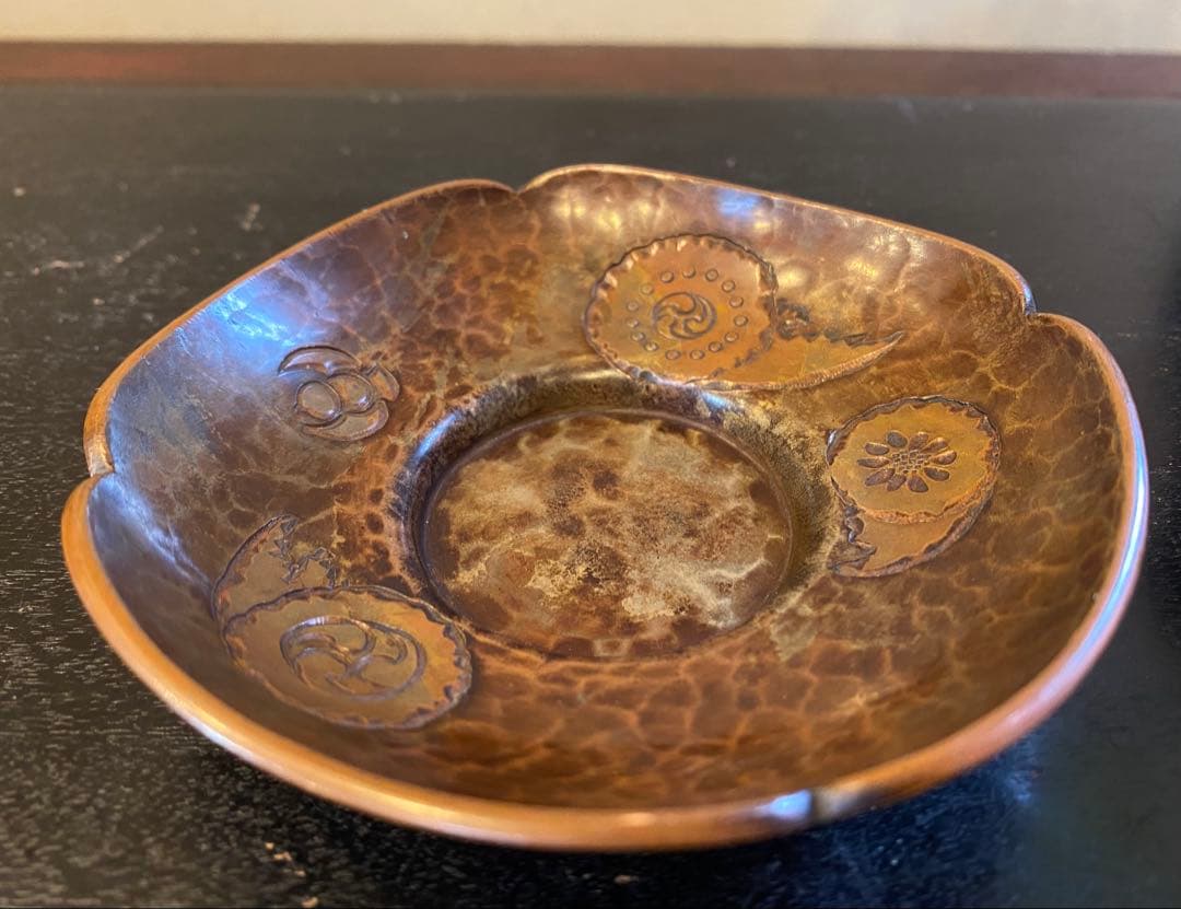 【1客180g 極厚3mm】時代物・鎚起銅器・茶托 5客・重厚 吉祥 蝙蝠 銘有