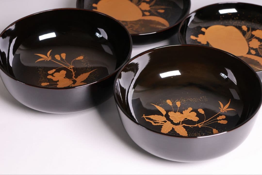 【CM445】加賀蒔絵 天然木漆塗 貝合わせ 蛤桜 金蒔絵 黒煮物椀 二客 昭和