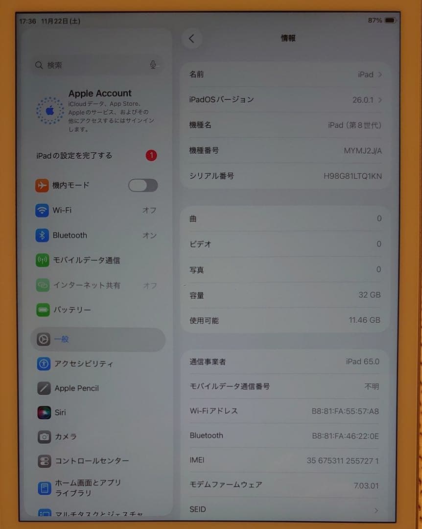完動品SIMフリーiPad第8世代(A2429)本体32GB送料込G81LT