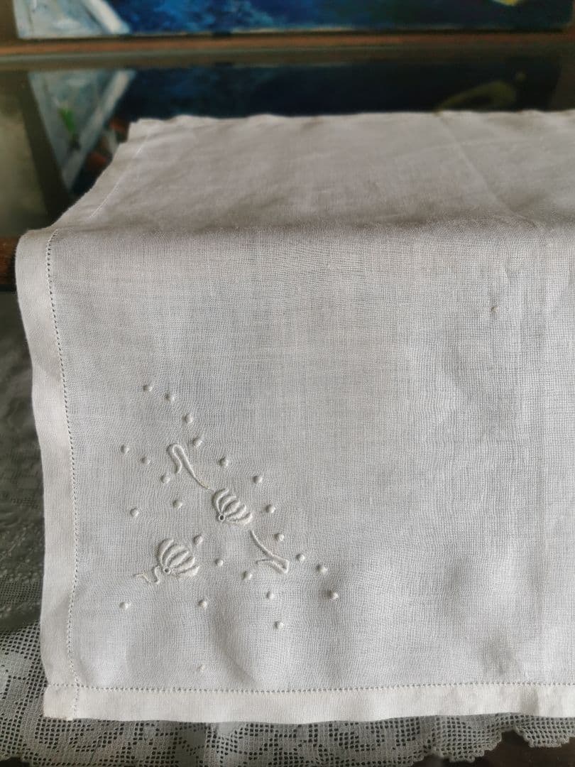 アンティーク 白糸小花刺繍 しなやかな上質リネン 針抜ヘムステッチ 長方形クロス