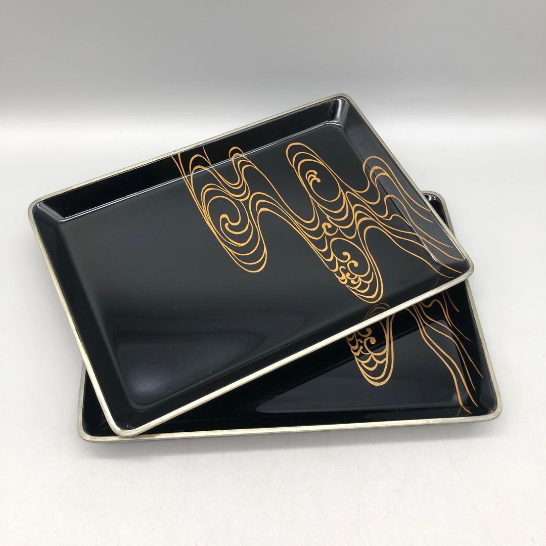 箱入り流水文様金蒔絵黒漆塗りお盆お膳茶道具21x15cm伝統工芸品2個セット