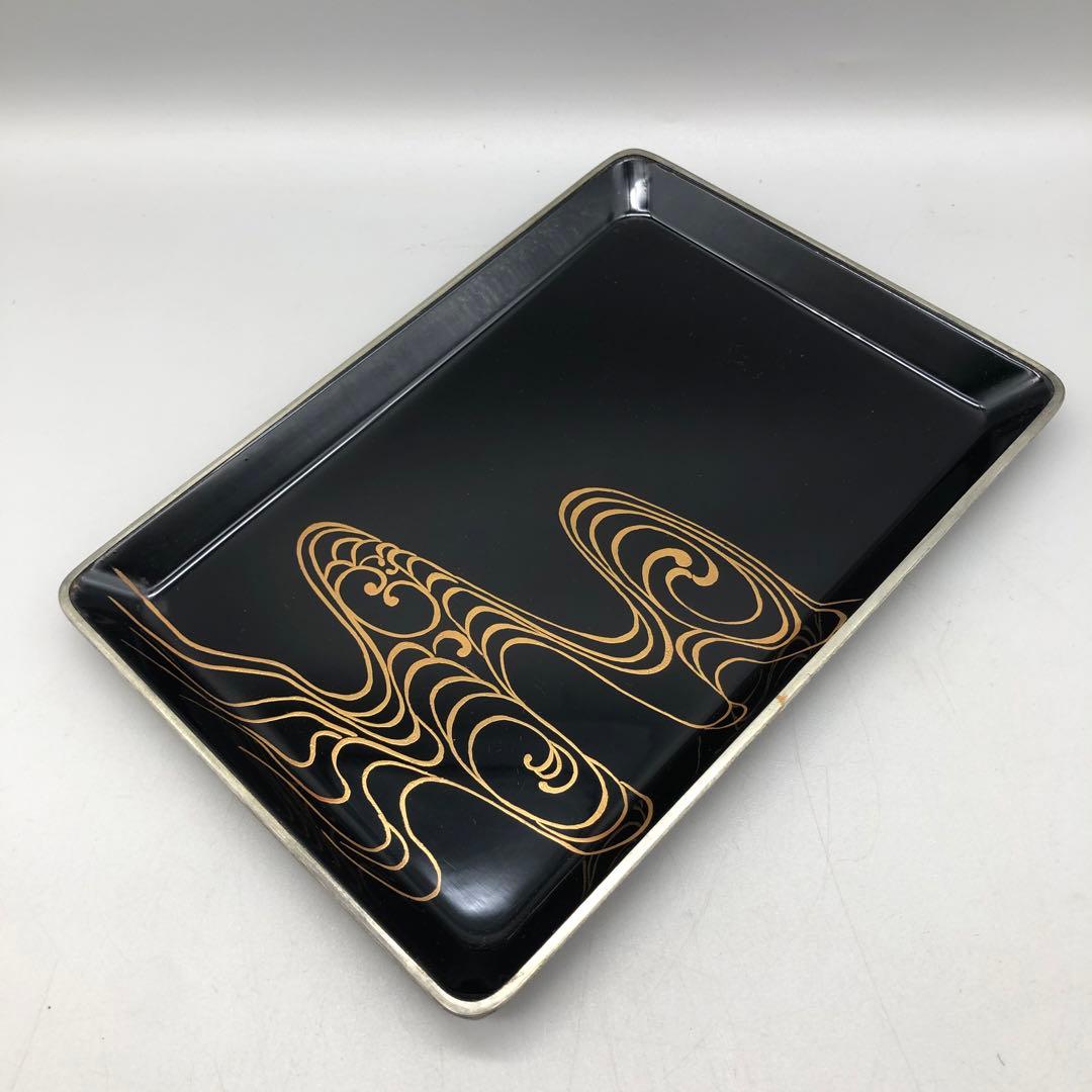 箱入り流水文様金蒔絵黒漆塗りお盆お膳茶道具21x15cm伝統工芸品2個セット