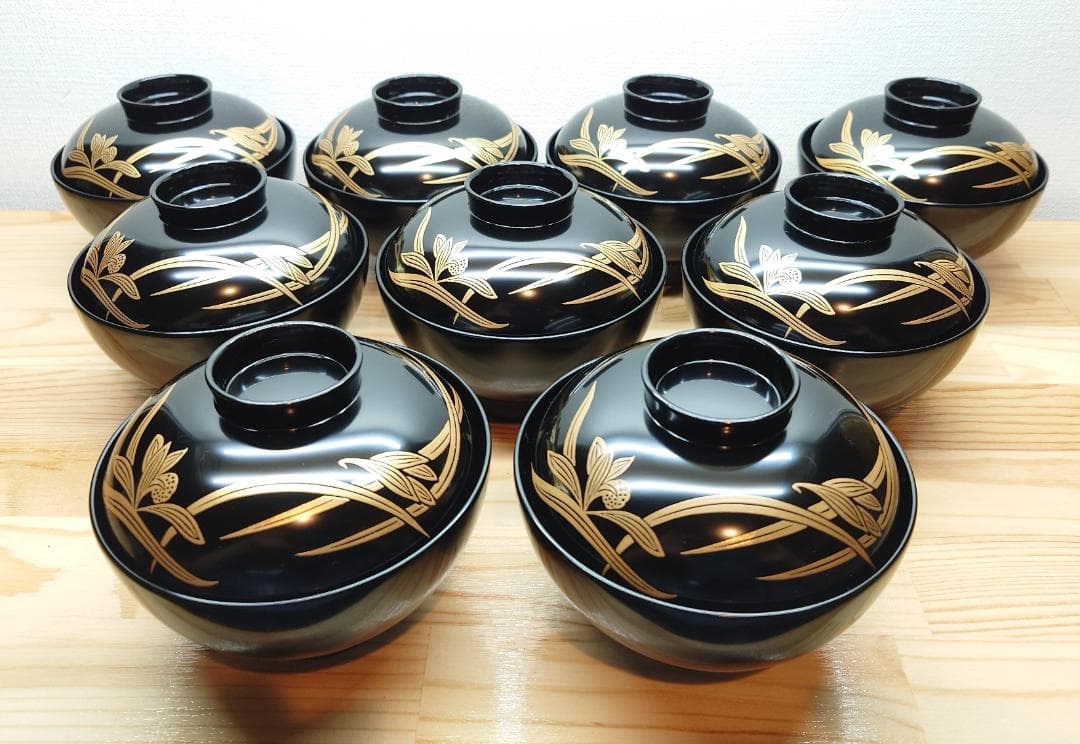 送料込【逢絢亭】茶道具 懐石道具 吸物椀 蘭蒔絵 木質 合成漆塗 ９客 紙箱入り