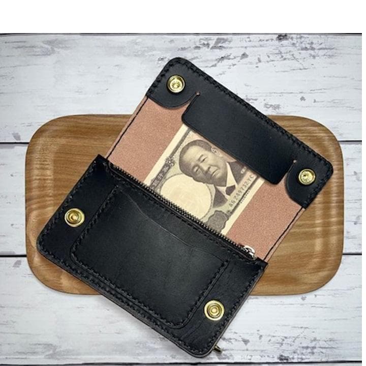 Mayuko ④ミドルトラッカーウォレット/姫路茶芯ホック真鍮小判カン真鍮
