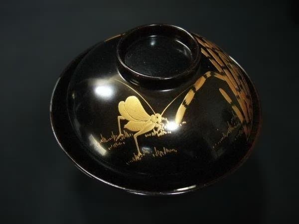 吸い物椀 コオロギ 金蒔絵 五客 天然木 本漆器 骨董 時代物 逸品