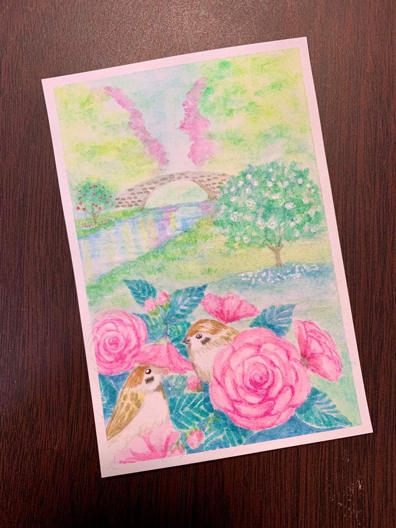 むー水彩画　乙女椿とすずめ　値段は※900円です